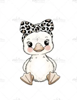 Cartoon duckling with pink cheeks wearing a leopard-print bow on its head, facing forward.