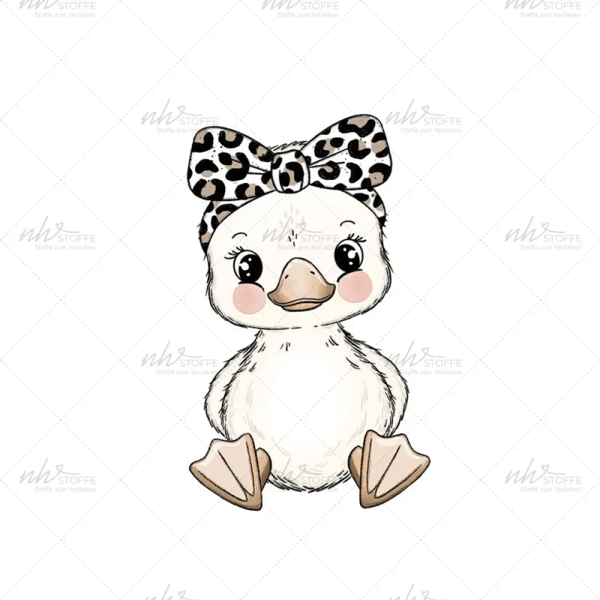 Cartoon duckling with pink cheeks wearing a leopard-print bow on its head, facing forward.